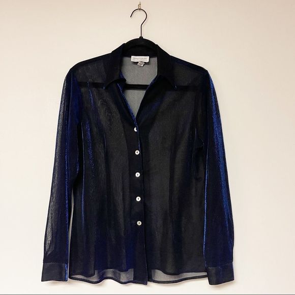 Vintage Sheer Blue Iridescent Sheen Long Sleeve Collared Button-Down - Picture 1 of 8
